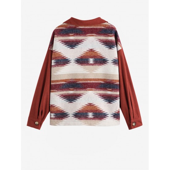Women's Daily Ethnic Aztec Print Corduroy Pockets Drop Shoulder Button Up Turn Down Collar Long Sleeve Shacket